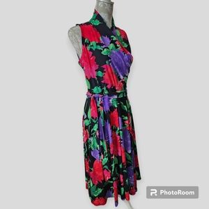 RALPH LAUREN Black Floral Stretch Jersey Belted Surplice Sleeveless Dress LP